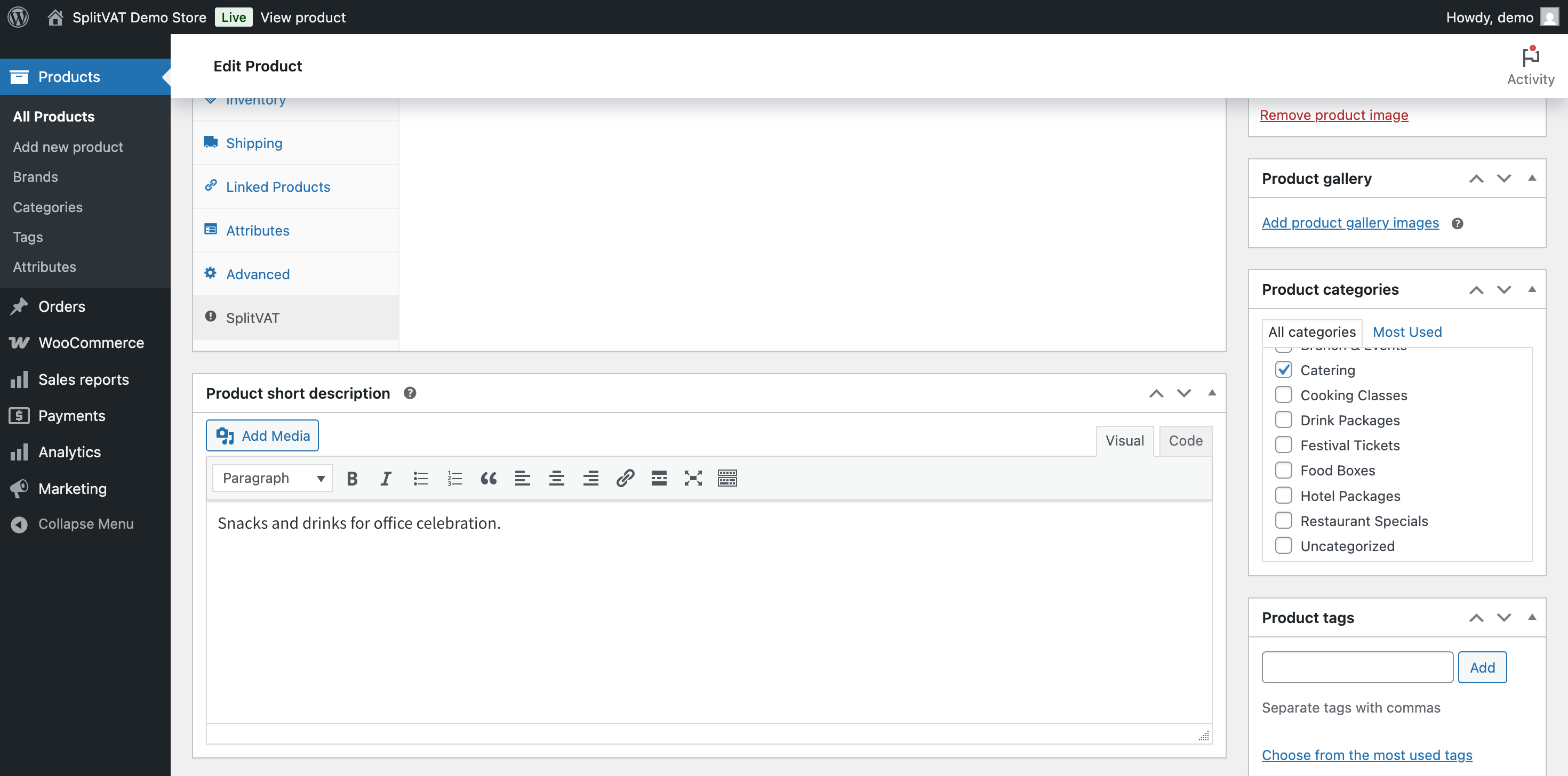 WooCommerce product edit page showing SplitVAT tab with split rules configuration